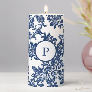 Classic Navy Blue Damask Pattern Pillar Candle