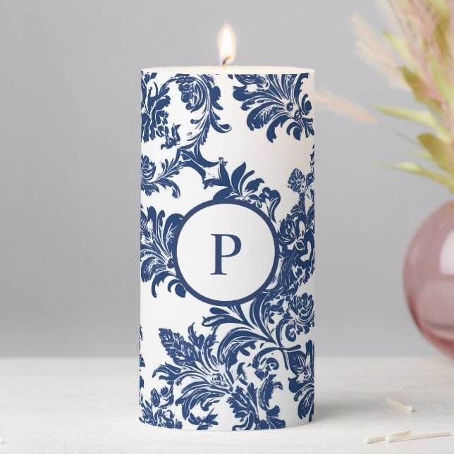 Classic Navy Blue Damask Pattern Pillar Candle (In Situ)