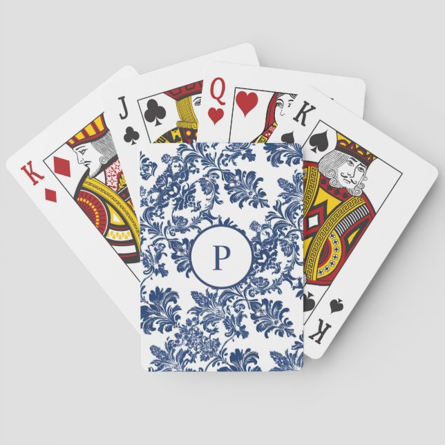 Classic Navy Blue Damask Pattern Poker Cards (Back)