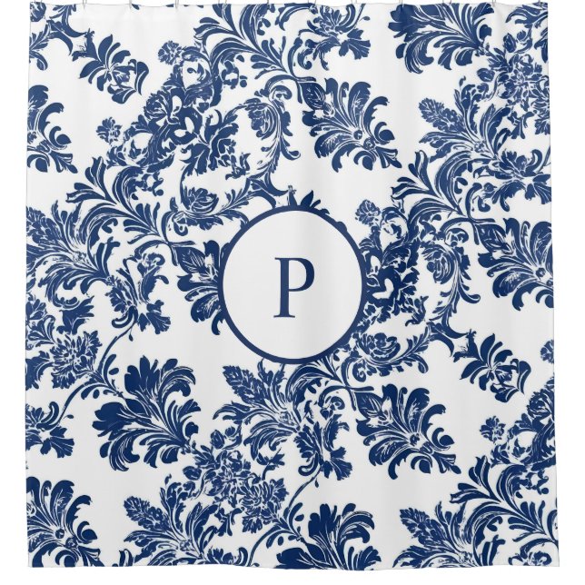 Classic Navy Blue Damask Pattern Shower Curtain (Front)