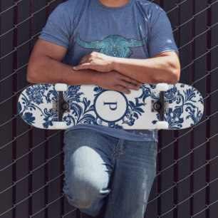 Classic Navy Blue Damask Pattern Skateboard