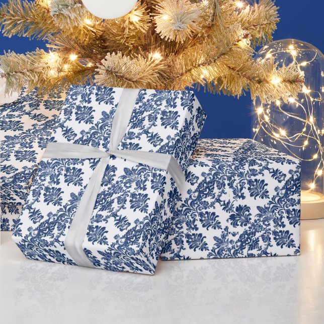 Classic Navy Blue Damask Pattern Wrapping Paper (Holidays)