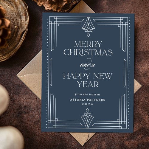Classic Navy Blue Deco Elegant Corporate Christmas Holiday Postcard