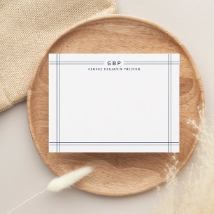 Classic Navy Blue Double Line Border Monogram Note Card