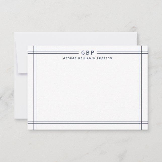 Classic Navy Blue Double Line Border Monogram Note Card (Front)