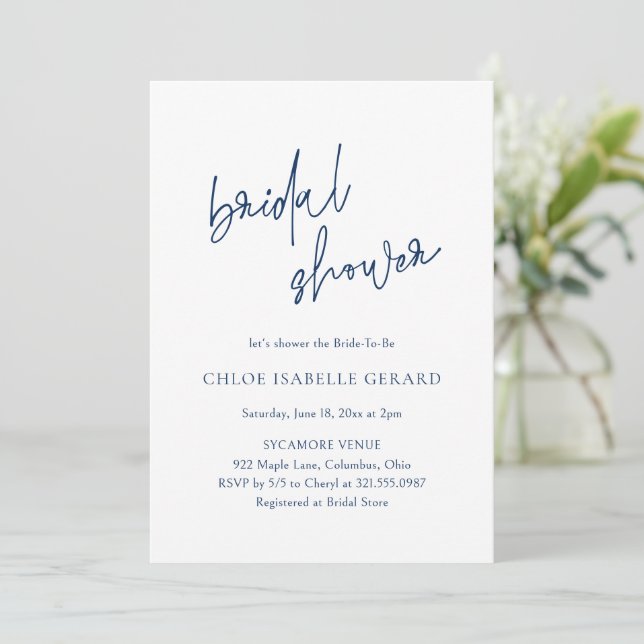 Classic Navy Blue Elegant Bridal Shower Invitation (Standing Front)