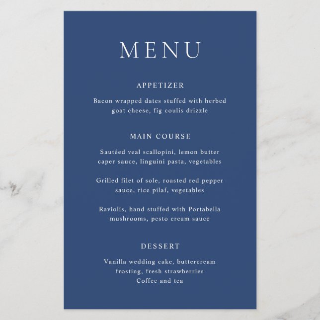Classic Navy Blue Elegant Budget Wedding Menu Flyer (Front)