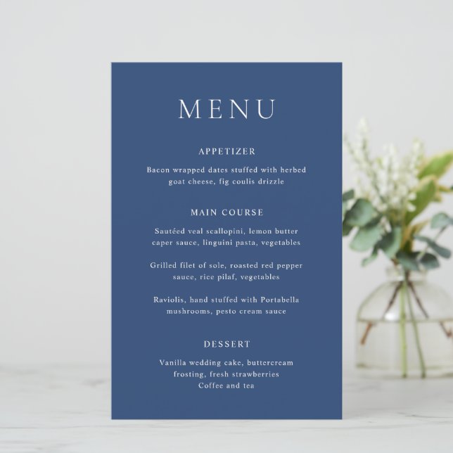 Classic Navy Blue Elegant Wedding Menu (Standing Front)