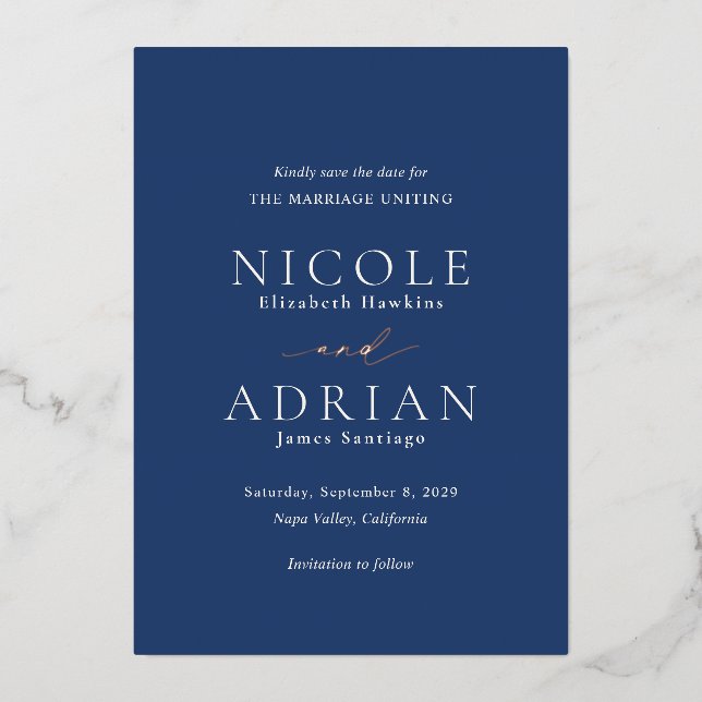 Classic Navy Blue Elegant Wedding Save the Date Foil Invitation (Front)