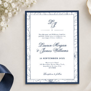 Classic Navy Blue Floral Layered Wedding Invitation