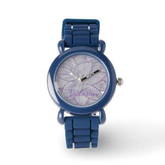 Classic Navy Blue Floral Line Art Personalized Kid Watch