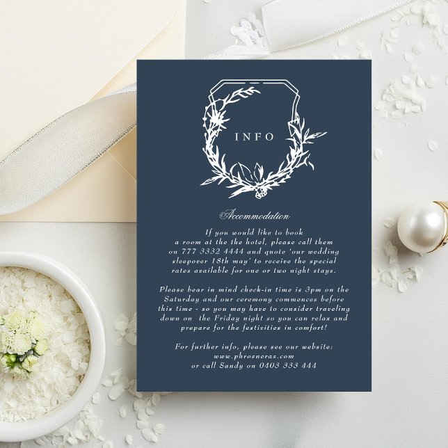 classic Navy Blue floral monogram crest Enclosure Card (Creator Uploaded)