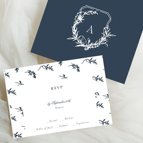 classic navy blue florals monogram crest wedding RSVP card