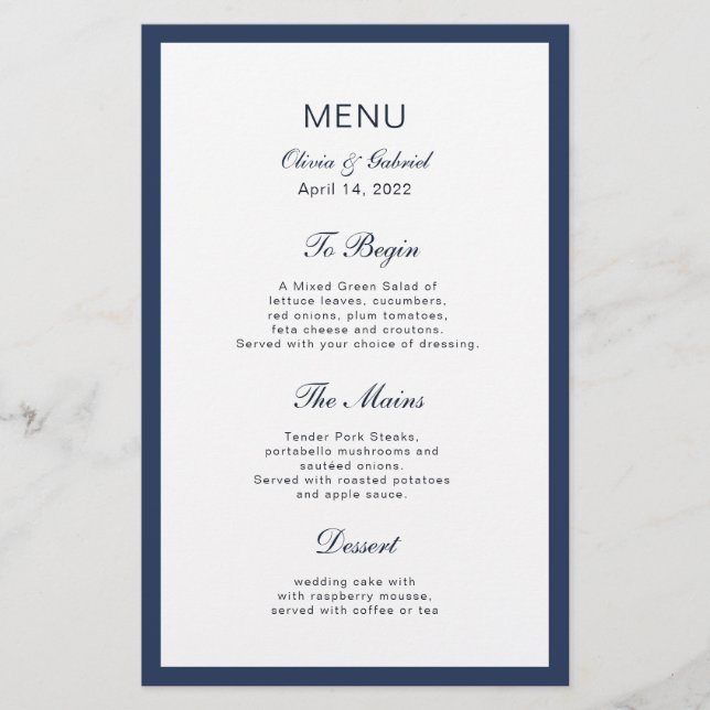 Classic Navy blue Frame. Elegant wedding menu (Front)