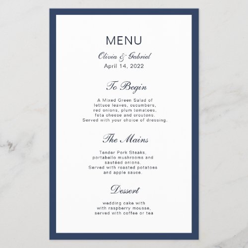 Classic Navy blue Frame Elegant wedding menu