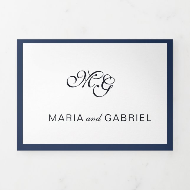Classic Navy blue Frame Elegant wedding Tri-Fold Invitation (Cover)