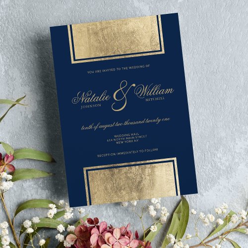 Classic navy blue gam gold geometrical wedding  invitation