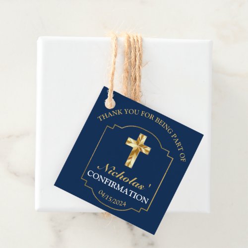 Classic Navy Blue Gold Boys Confirmation Thank You Favor Tags
