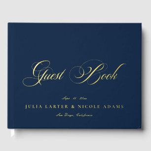 Classic Navy Blue Gold Calligraphy Wedding Foil Guest Book