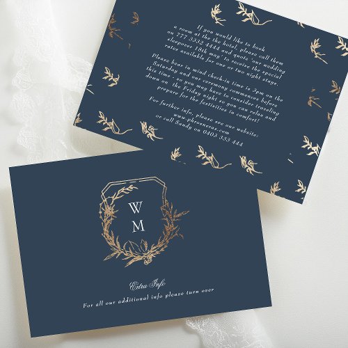 classic Navy Blue Gold crest wedding details Enclosure Card