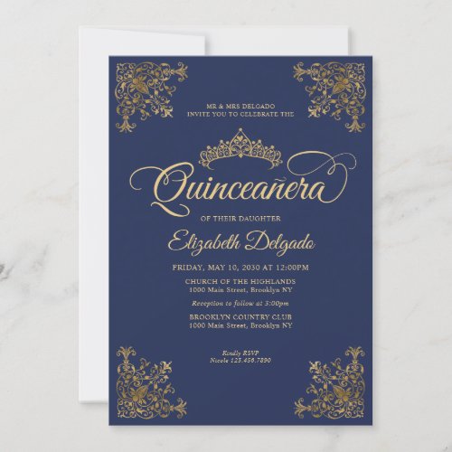 Classic Navy Blue Gold Frame Tiara Quinceanera Invitation