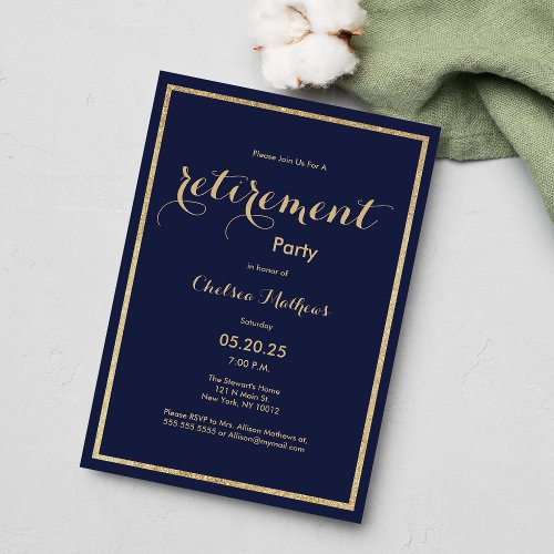 Classic navy blue gold glitter Retirement Party Invitation