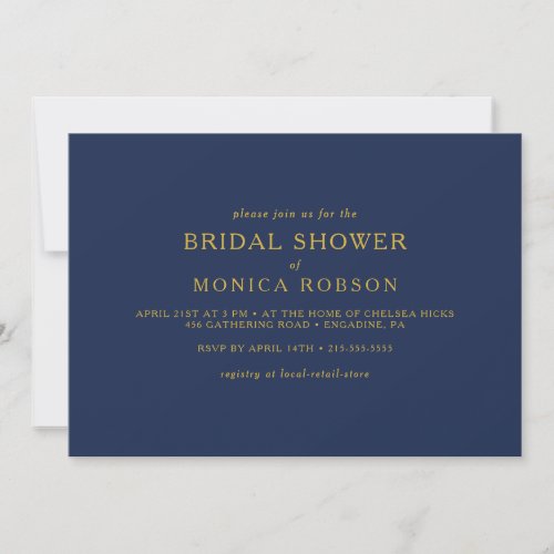 Classic Navy Blue  Gold Horizontal Bridal Shower Invitation
