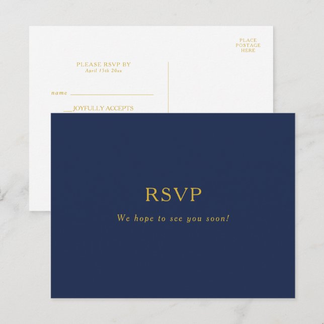 Classic Navy Blue | Gold Menu Choice RSVP Postcard (Front/Back)