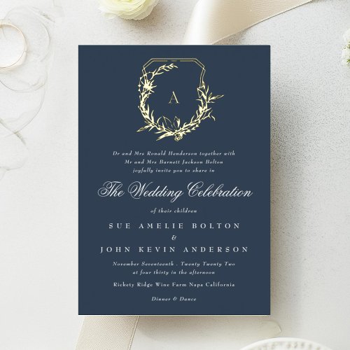 classic navy blue gold monogram crest wedding foil invitation