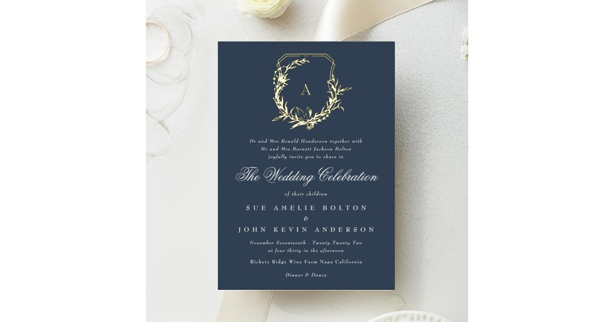 classic navy blue gold monogram crest wedding foil invitation | Zazzle