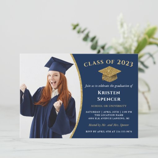 Classic Navy Blue Gold Photo Graduation Invitation | Zazzle