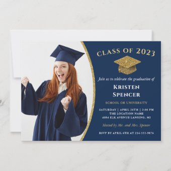 Classic Navy Blue Gold Photo Graduation Invitation | Zazzle