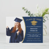 Classic Navy Blue Gold Photo Graduation Invitation (Standing Front)