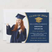 Classic Navy Blue Gold Photo Graduation Invitation (Front)