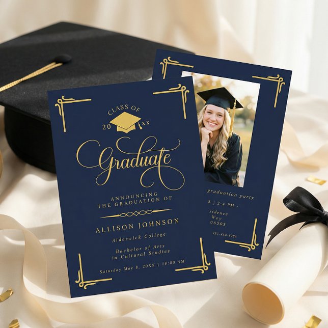 Classic Navy Blue Gold Photo Graduation Invitation (Creator Uploaded)