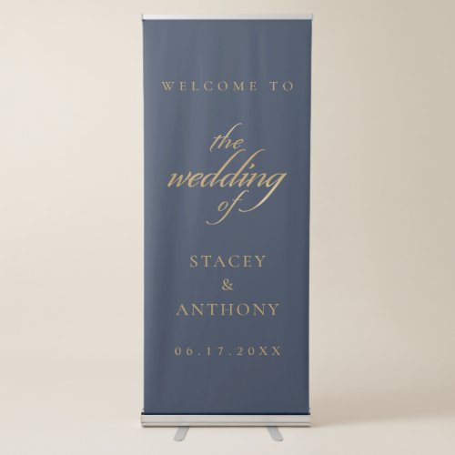 Classic Navy Blue Gold Simple Wedding Welcome Retractable Banner