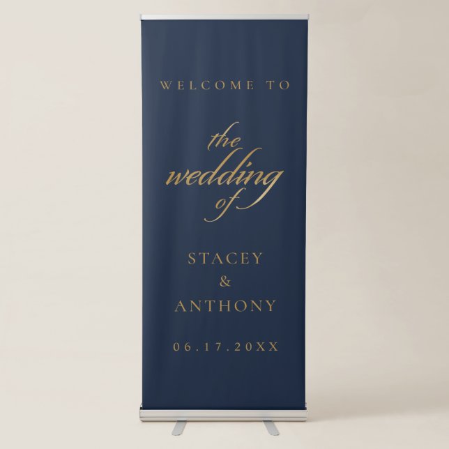 Classic Navy Blue Gold Simple Wedding Welcome Retractable Banner (Front)