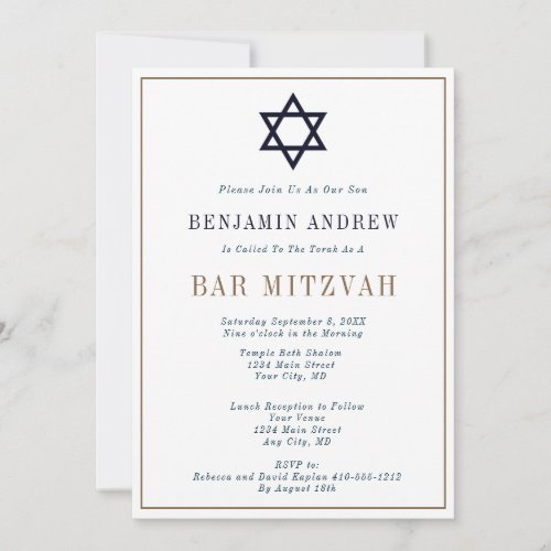 Classic Navy Blue Gold Star Bar Mitzvah  Invitation