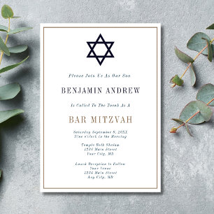 Classic Navy Blue Gold Star Bar Mitzvah Invitation