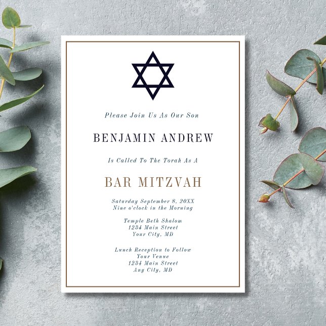 Classic Navy Blue Gold Star Bar Mitzvah  Invitation (Classic Navy Blue Gold Star of David Bar Mitzvah Invitation. Formal Traditional)