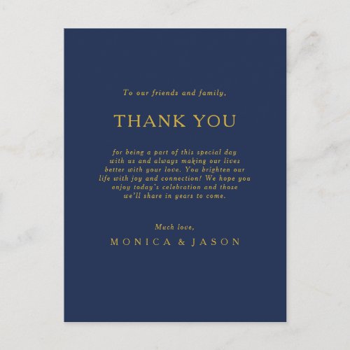 Classic Navy Blue  Gold Thank You Reception Card 