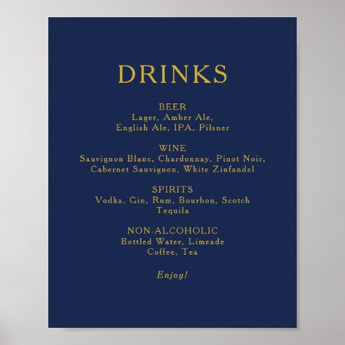 Classic Navy Blue  Gold Wedding Drinks Menu Sign