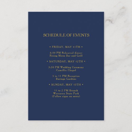 Classic Navy Blue Gold Wedding Schedule of Events