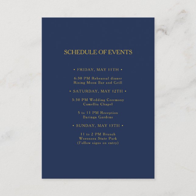 Classic Navy Blue Gold Wedding Schedule of Events Enclosure Card (Front)