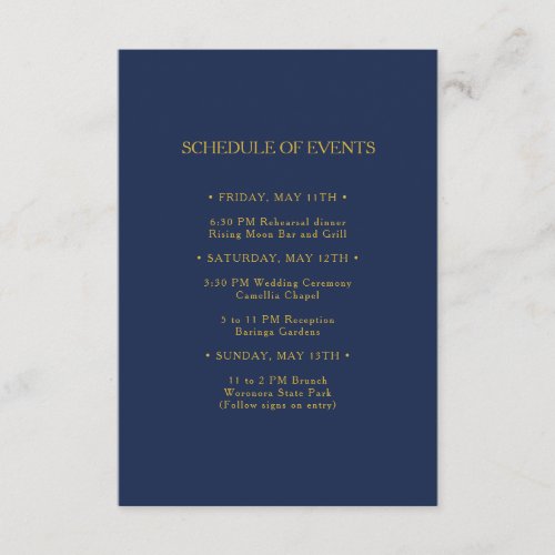 Classic Navy Blue Gold Wedding Schedule of Events Enclosure Card