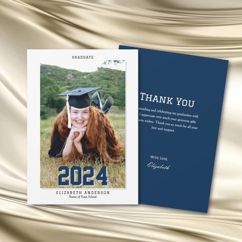 Classic Navy Blue Graduate 2024 Graduation Photo Thank You Card