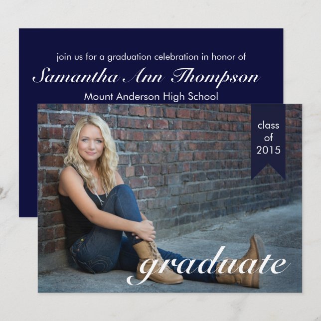 Classic Navy Blue Graduation Announcement - Invite (Front/Back)