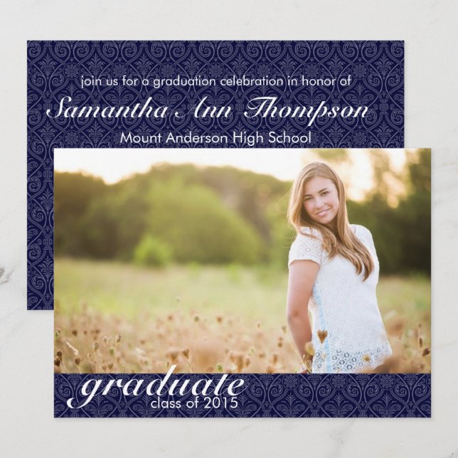 Classic Navy Blue Graduation Announcement - Invite (Front/Back)