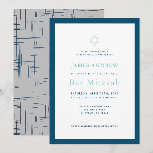 Classic Navy Blue & Gray Bar Mitzvah Invitation (Front/Back)
