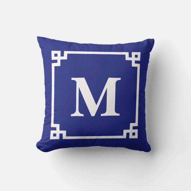 Classic Navy Blue Greek Key  Border Monogram Throw Pillow (Front)